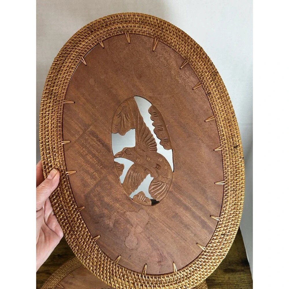 Vintage Hand-Carved Rattan Placemats Set of 6 Fish Floral Bird Boho Decor Brown